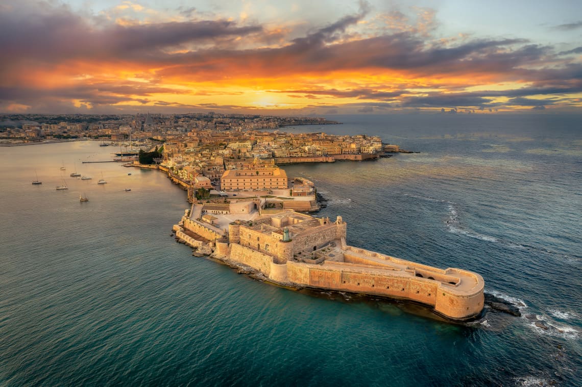 Landscape with Syracuse at sunset, Sicily islands