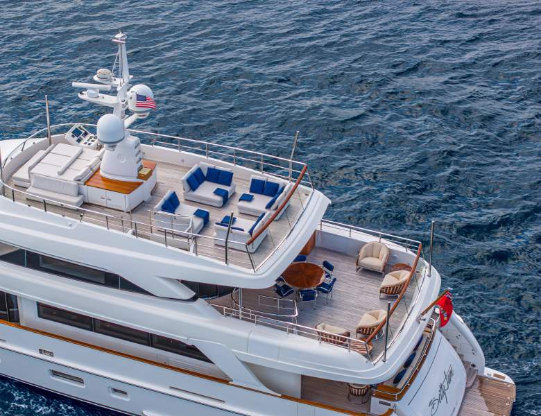 Luxury yacht aerial view on calm waters